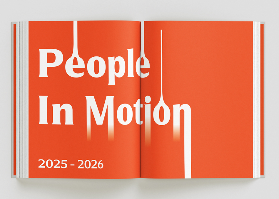 An open spread of the 'People In Motion' exhibition catalogue, showing the layout of an opening chapter.