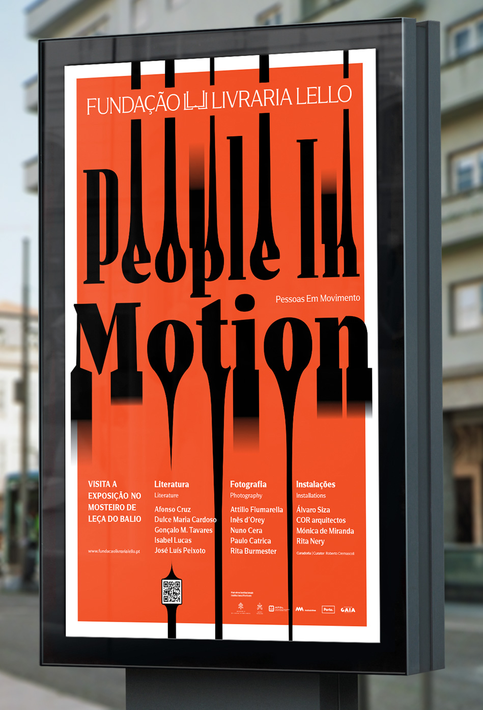 Outdoor mupi advertisement for the 'People In Motion' exhibition at Fundação Livraria Lello, featuring bold minimalist typography and the exhibition's visual identity on a city street.